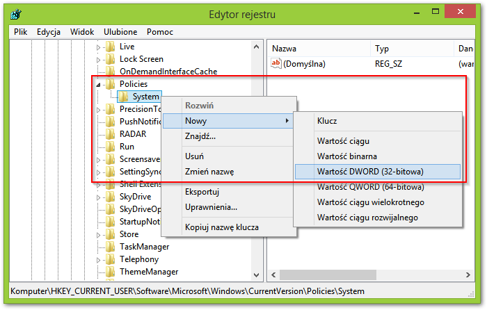 Tworzenie nowej wartości DWORD w rejestrze