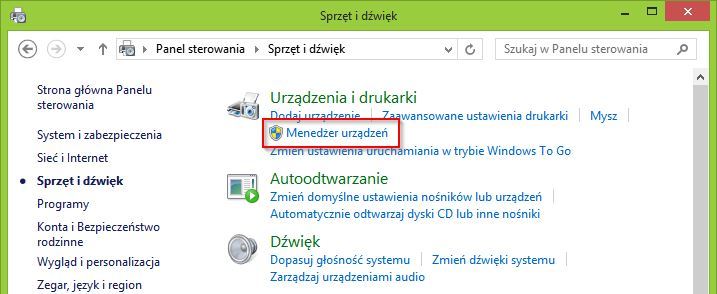 Wejście do menedżera urządzeń w Panelu sterowania