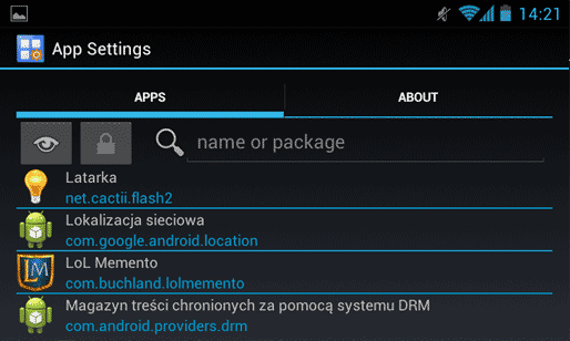 Wybór aplikacji do edycji w module App Settings