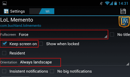 Przykładowe ustawienia dla aplikacji LoL Memento w App Settings