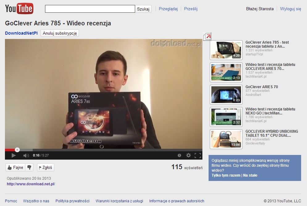 YouTube Feather - odtwarzanie filmu