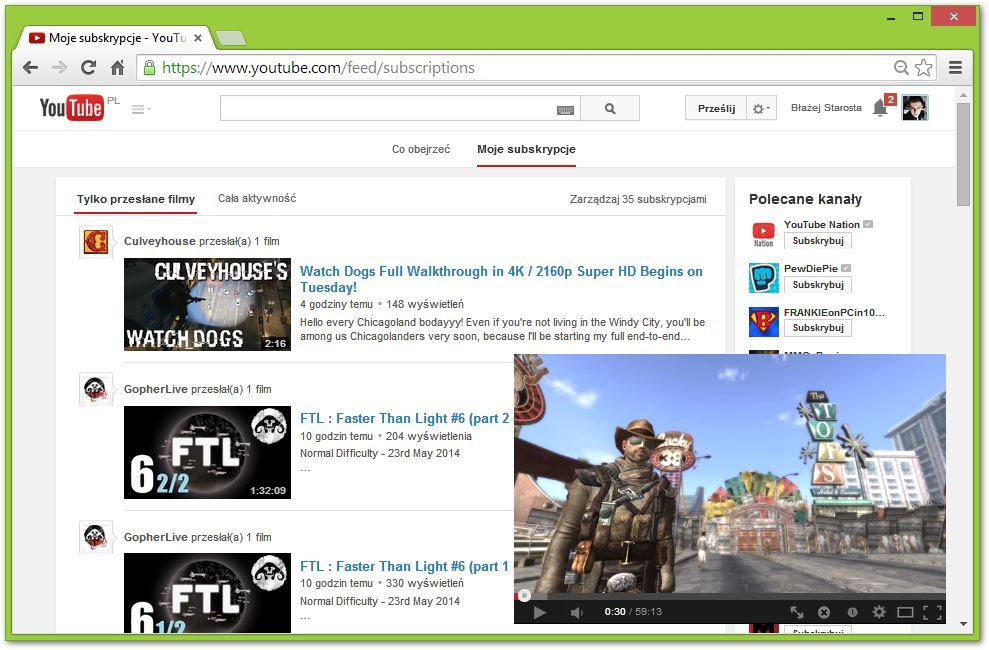 YouTube w okienku w Chrome