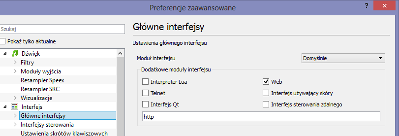 Ustawianie interfejsu Web dla VLC