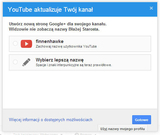 Wybór nowej nazwy dla kanału podczas łączenia z Google+