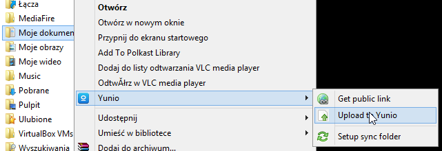 Yunio - opcje wysyłania plików lub folderów do chmury