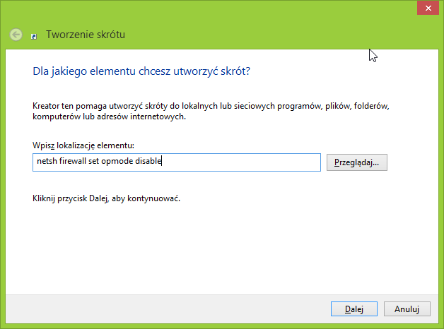 Tworzenie nowego skrótu do wyłączania lub włączania Zapory