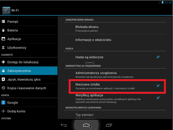 Włącz instalację z nieznanych źródeł