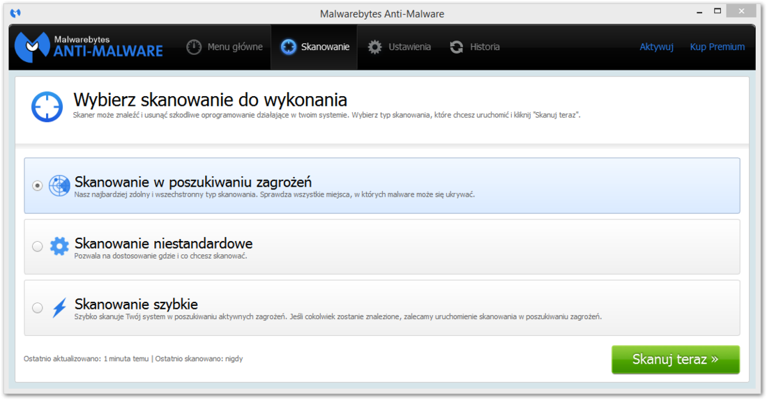 Malwarebytes Anti-Malware 2.0 - rodzaje skanowania