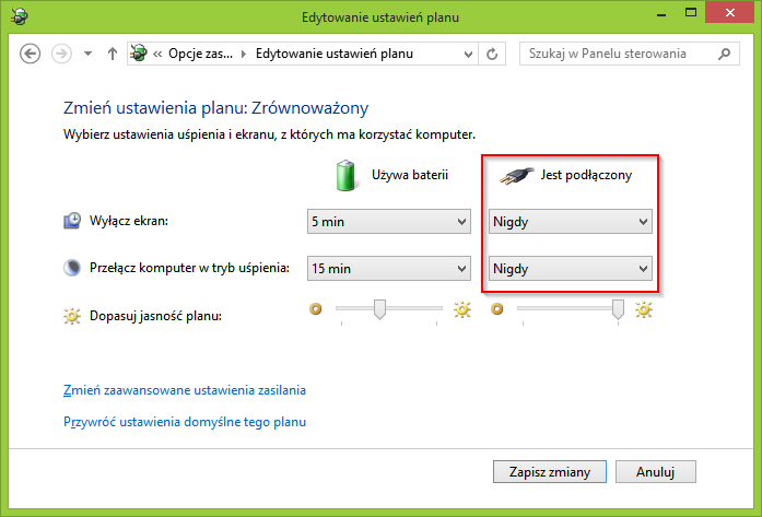 Zmiana ustawień planu w opcjach zasilania