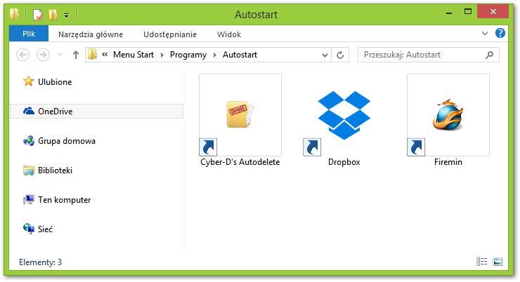 Folder Autostart ze skrótami do programów