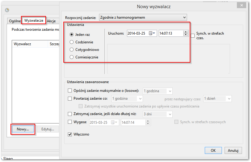 Ustawienia wyzwalaczy tworzonego zadania