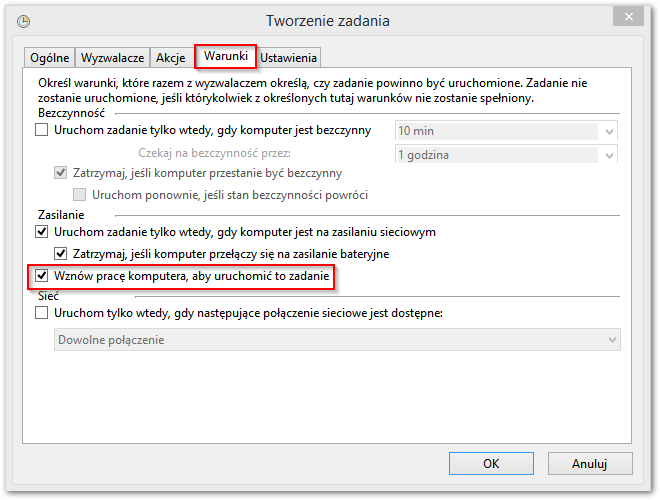 Ustawienie wznawiania pracy komputera przy wykonywaniu zadania