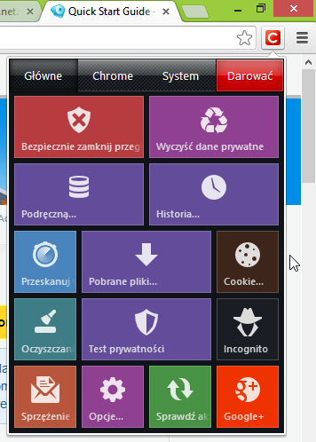 Click&Clean - wysuwane menu rozszerzenia