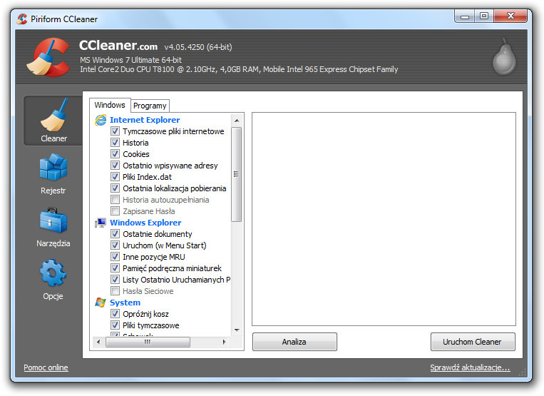 CCleaner - główne okno programu