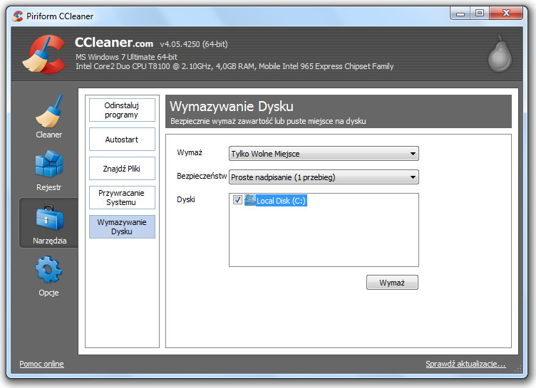 CCleaner - wymazywanie wolnej przestrzeni dyskowej