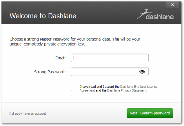 Dashlane - wybór głównego hasła