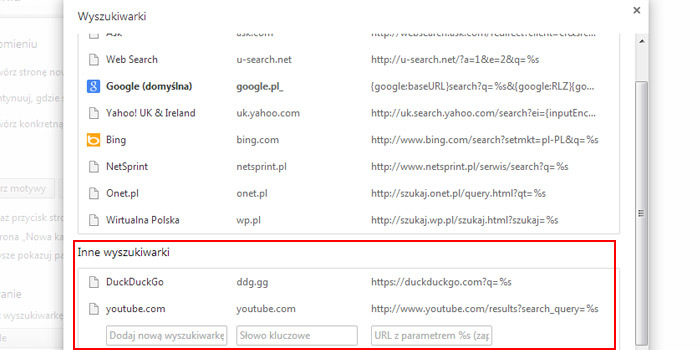 Chrome - zarządzanie wyszukiwarkami