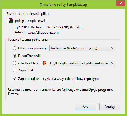 DownThemAll! - wybór metody pobierania w Firefox