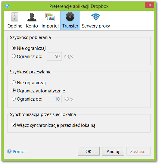 Ustawianie limitu transferu Dropboksa
