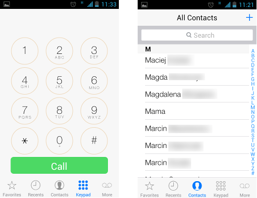 Espier Dialer iOS7 - wygląd ekranu wybierania i kontaktów