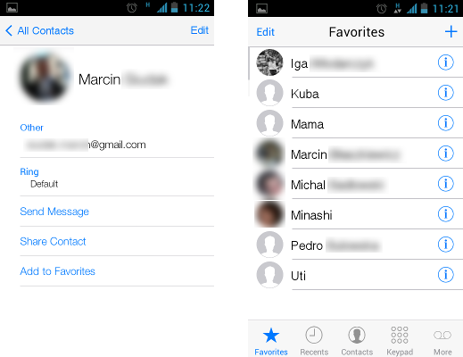 Espier Dialer iOS7 - szczegóły kontaktu oraz lista ulubionych