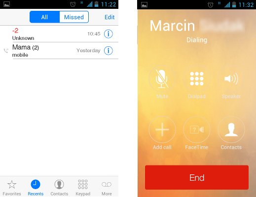 Espier Dialer iOS7 - rejestr połączeń i ekran połączenia wychodzącego