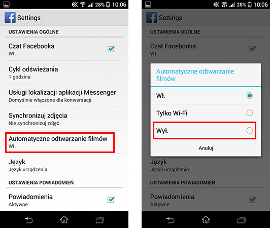 Wyłączanie automatycznego odtwarzania filmów na FB
