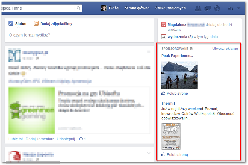 Reklamy i sugestie stron na Facebooku