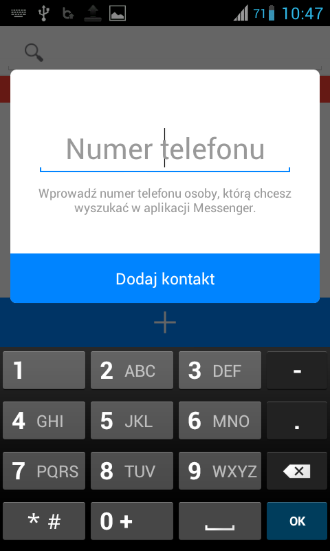 Facebook Messenger - ręczne dodawanie konaktu po numerze telefonu