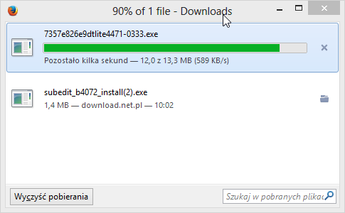 Okno pobierania plików w Firefoksie