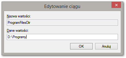 Edytowanie ciągu odpowiedzialnego za folder instalacji programów