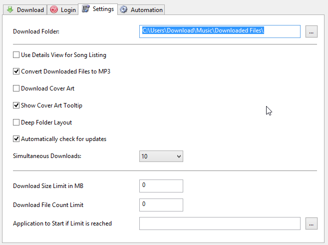 Free Music Downloader - ustawienia