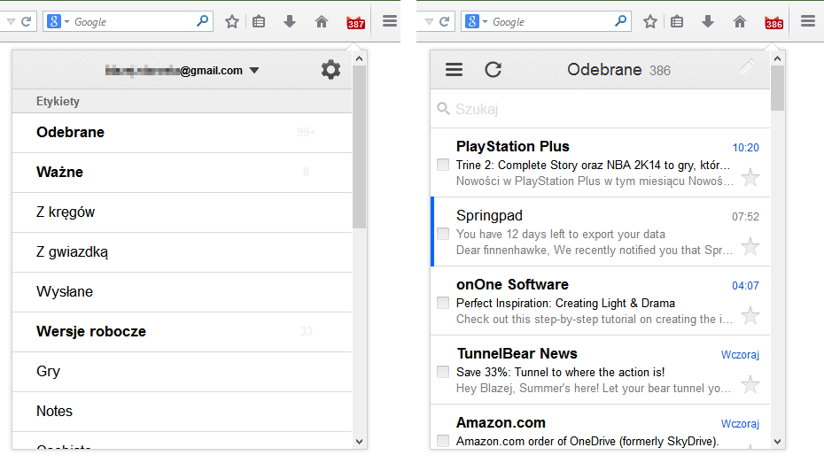Fastest Gmail Notifier - foldery i lista wiadomości
