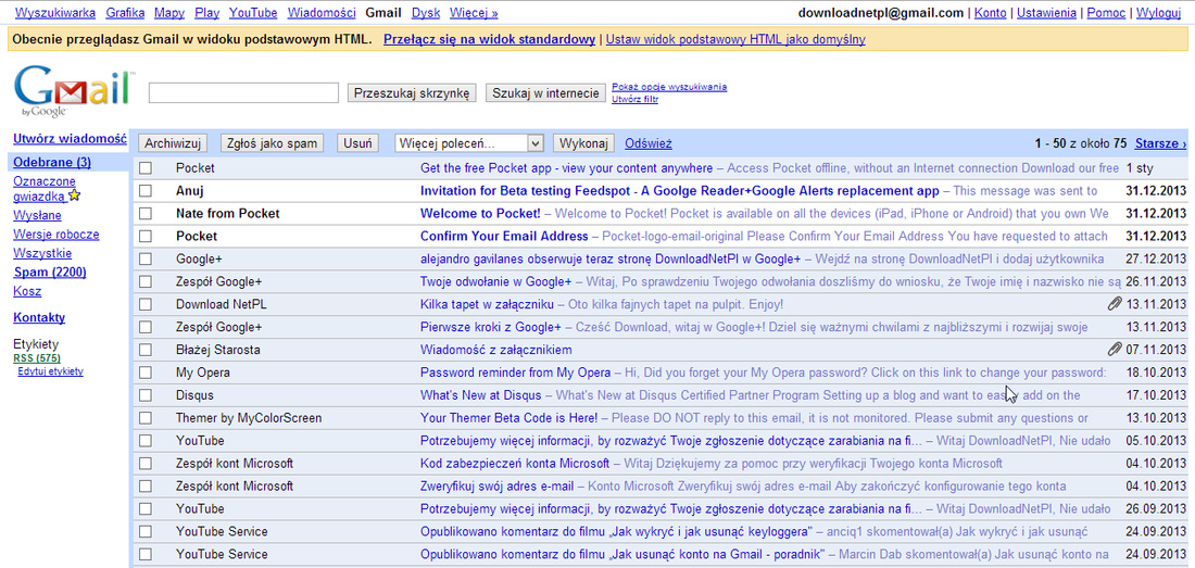 Podstawowy widok HTML w Gmailu