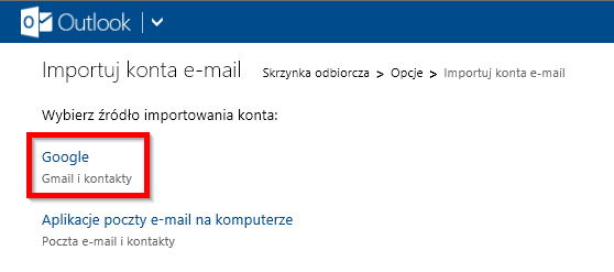 Import konta e-mail do Outlooka