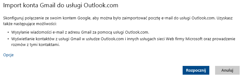 Import konta Gmail do Outlook.com