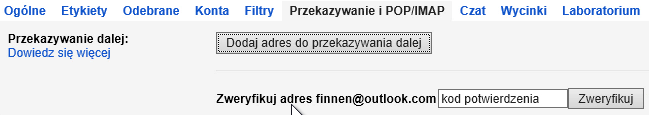 Dodawanie adresu do przekazywania wiadomości na inne konto