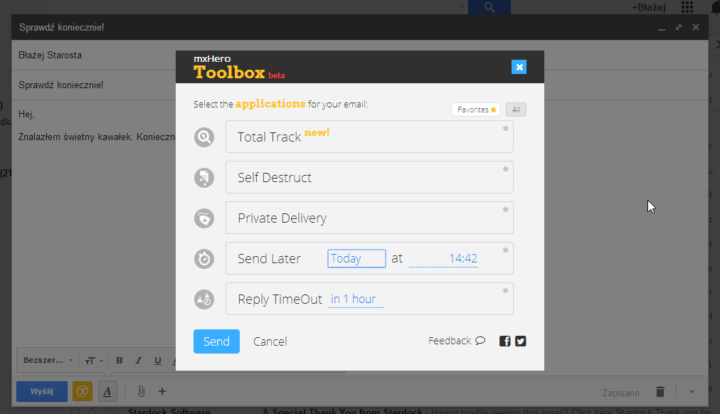mxHero Toolbox - wybór funkcji przy tworzeniu maila
