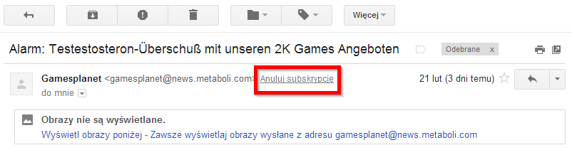 Przycisk anulowania subskrypcji na Gmailu