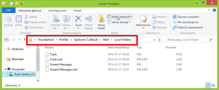 Umieszczanie pliku MBOX w katalogu folderów lokalnych Thunderbirda