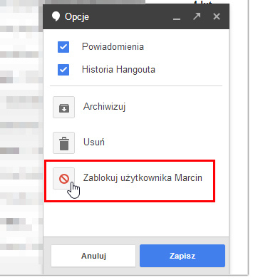 Blokowanie kontaktów w nowych Hangoutach