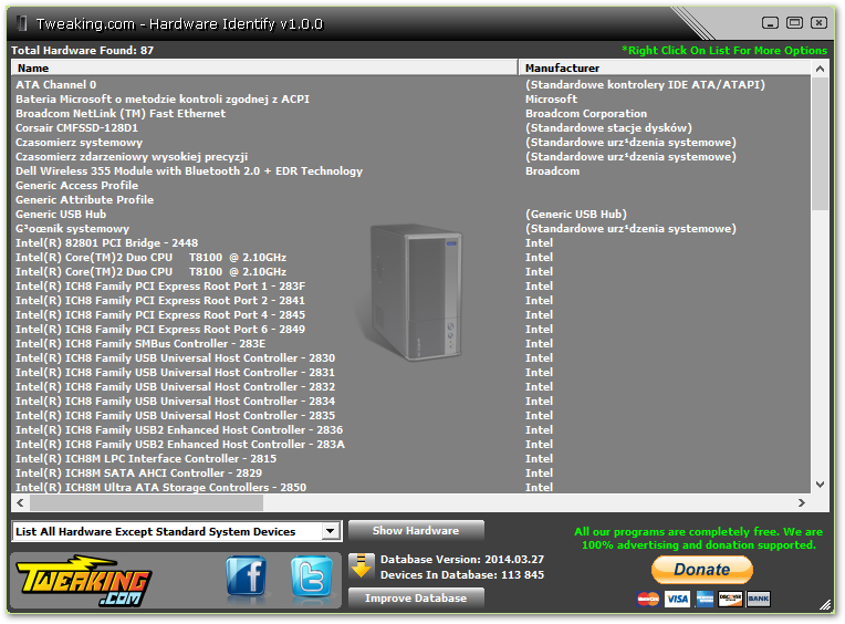 Główny interfejs programu Hardware Identify