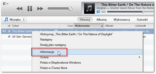 Przechodzenie do ustawień piosenki w iTunes