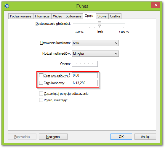Opcje utworu w iTunes - czas początkowy oraz końcowy