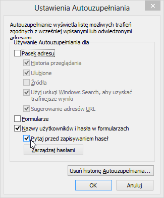 Ustawienia autouzupełniania w Internet Explorer