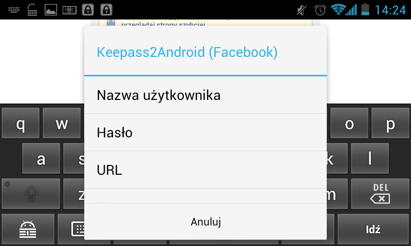 Keepass2Android - wklejanie nazwy użytkownika i hasła