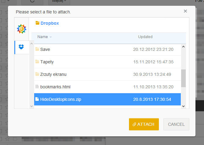 Wybór pliku do załączenia w Gmailu przez Kloudless