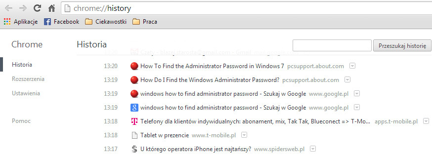 Historia przeglądania w Chrome