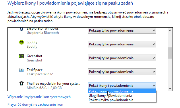  Ustaw kosz w zasobniku jako zawsze widoczny