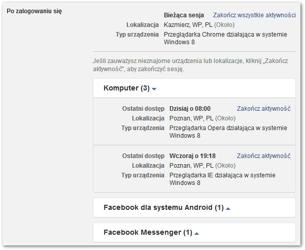 Zdalne wylogowywanie z Facebooka